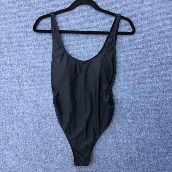 One Piece Black Swimsuit High Cut Leg Deep Sides Cheeky Low Back Medium - Picture 1 of 6